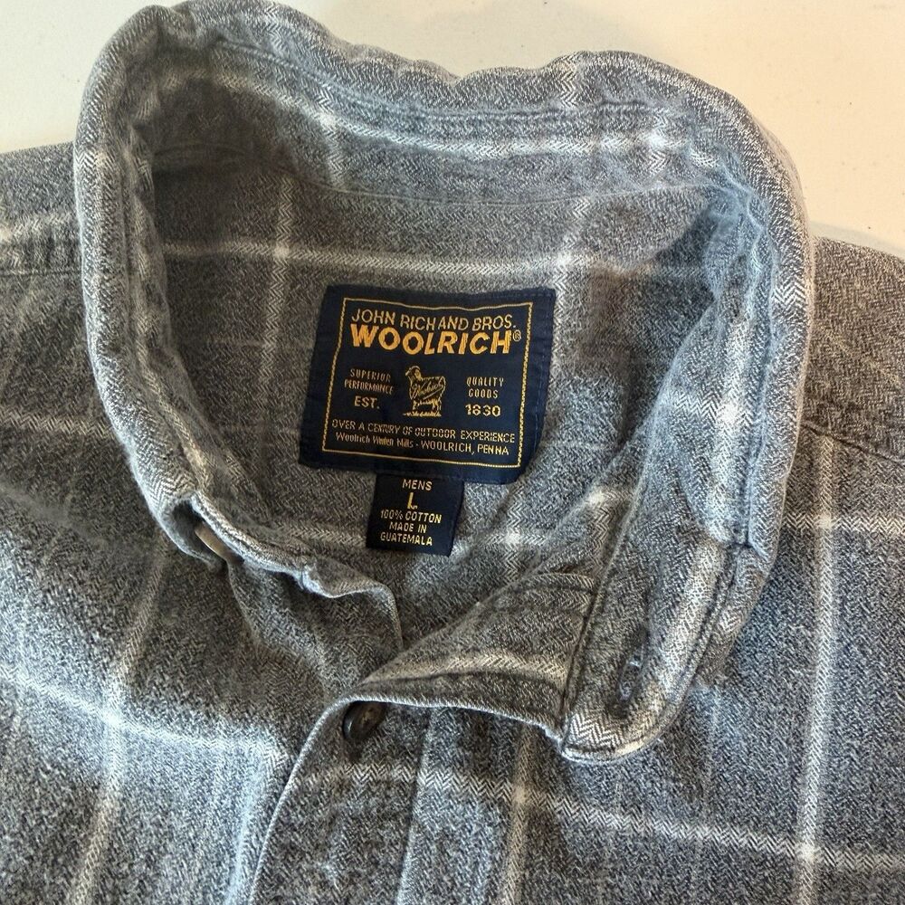 Woolrich John Rich & Bros Mens L Flannel Shirt Gray Plaid Herringbone Heavy